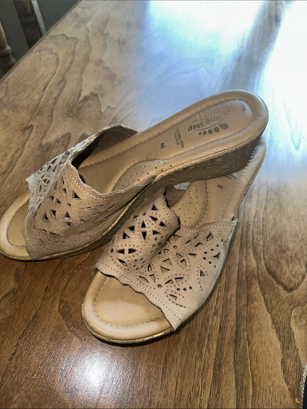 Spring Step Brand, Taupe Laser-Cut Wedge Mules. Genuine leather. Size 9